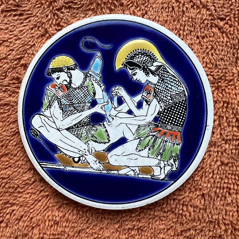 Handmade Greek Ceramic Coaster Plaque Warriors Battle Scene Smaltotechniki TR5